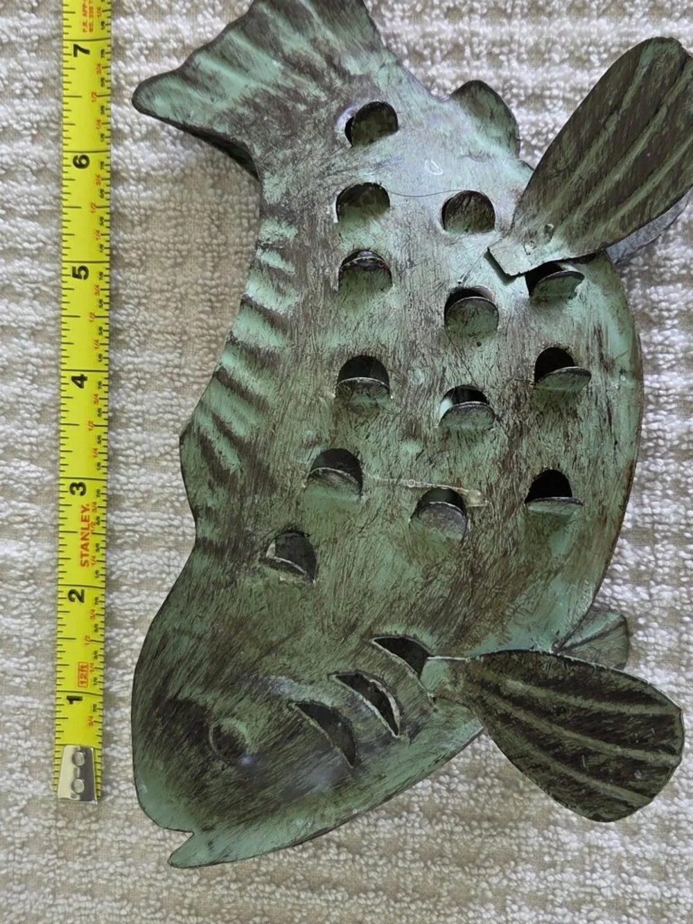 Metal Fish Tea Light Candle Holder Green Rustic Steel Sculpture 9” Cabin